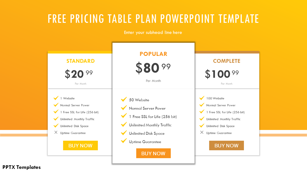 Orange Pricing Table Plan PowerPoint Template
