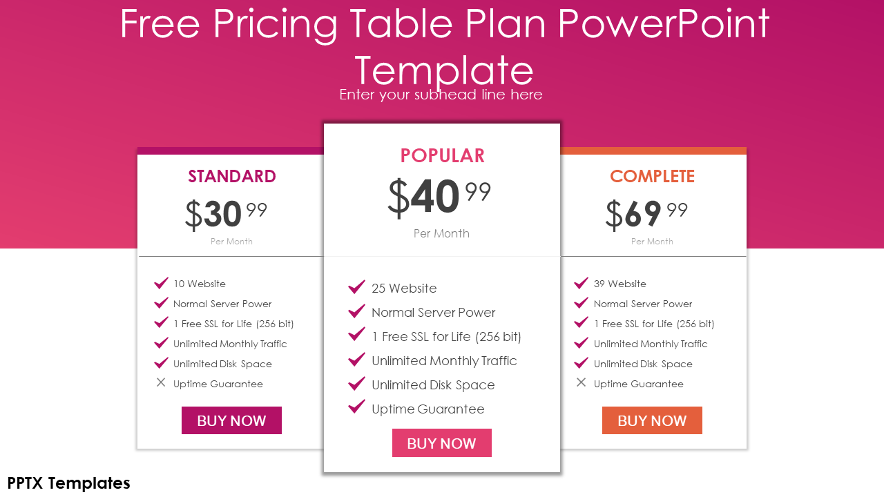 Pricing Plan Pink Background PowerPoint Template 1