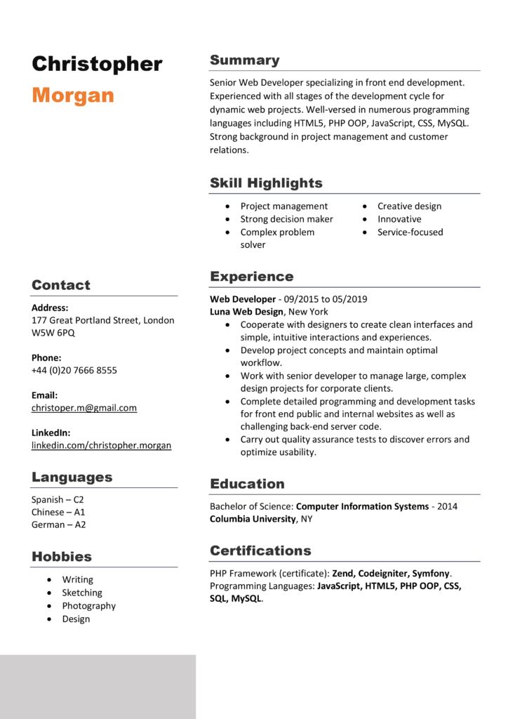 Cool Creative Resume Dark Orange Download Free Professional Resume