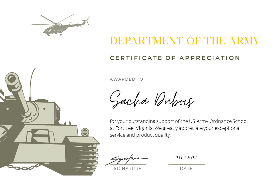 Army Certificate Of Appreciation