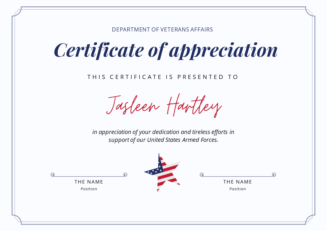 Veterans Certificate Of Appreciation